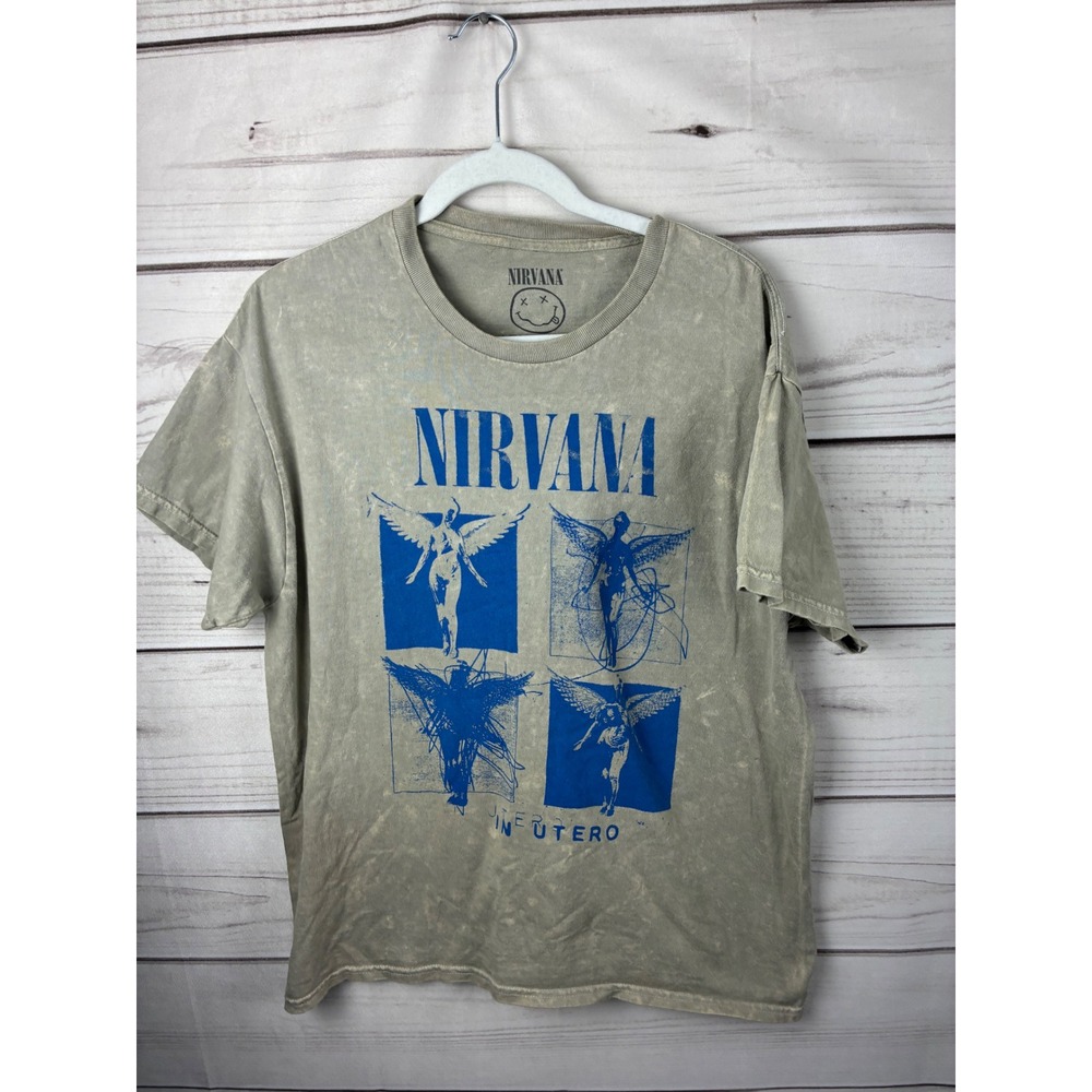 Nirvana In Utero Band Graphic T-Shirt Mens Large Acid Wash Olive Green Blue